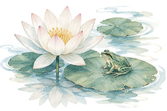 Lotus et grenouille sereins sur l'eau, symbole de la décision prise en réservant sa séance de coaching carrière IT